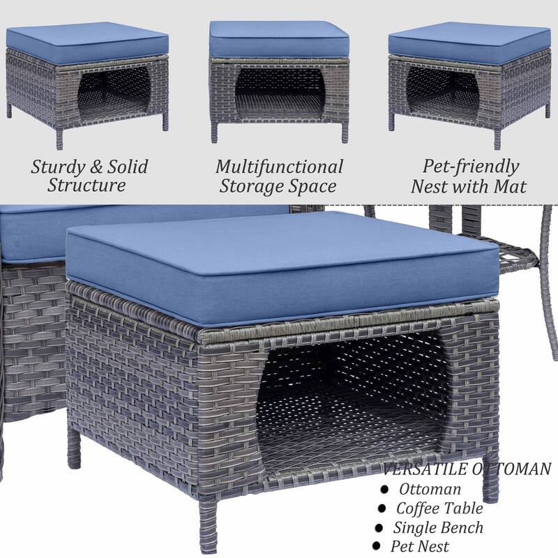 8 Piece Outdoor Wicker Patio Furniture Conversation Chair and Ottoman Set