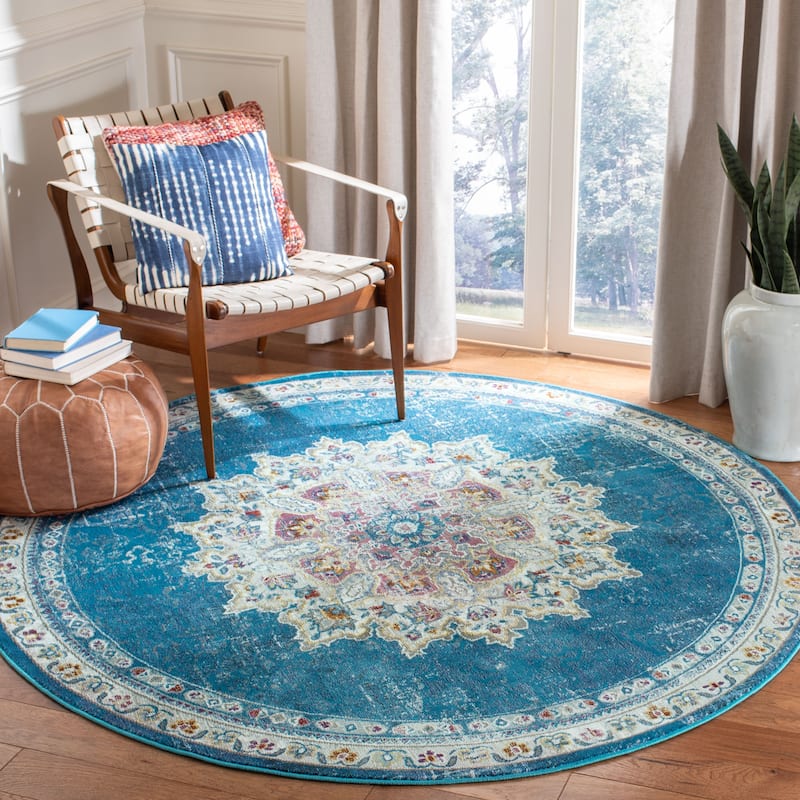 SAFAVIEH Aria Prakseda Vintage Boho Oriental Rug - 6'5" Round - Navy/Ivory