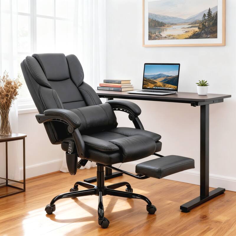HOMCOM Black Massage Office Chair, 6 Vibration, Faux Leather, Recline, Footrest, Remote - Black