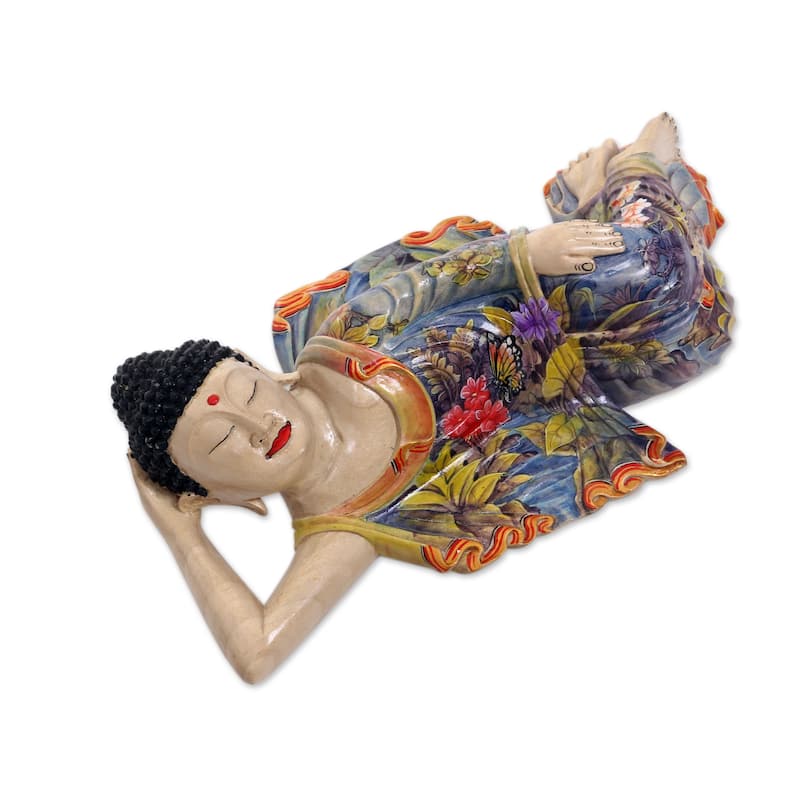 Novica Handmade Sleeping Balinese Buddha Wood Sculpture