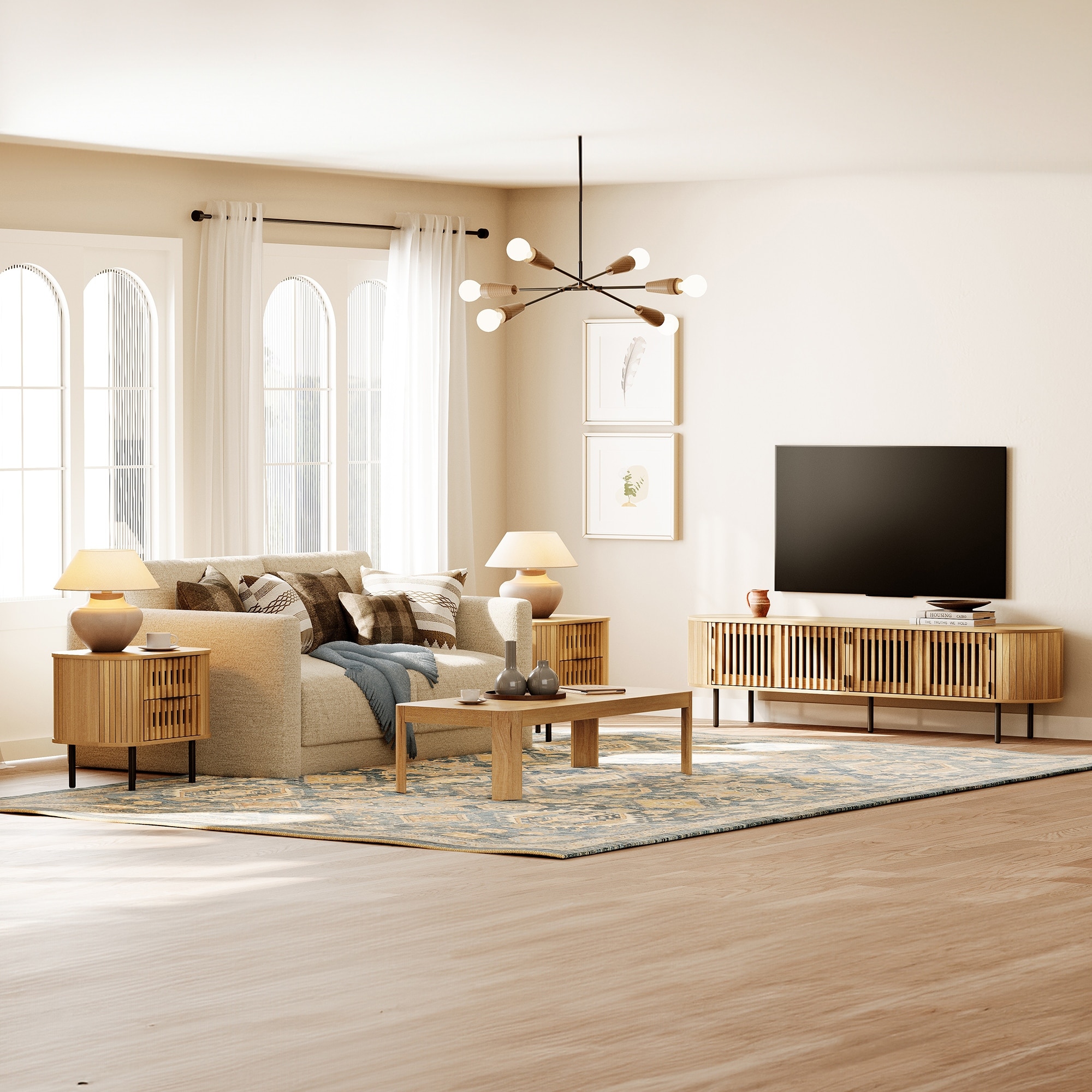 WAMPAT Fluted TV Stand and End Table,Set of 3,TVs up to 75"