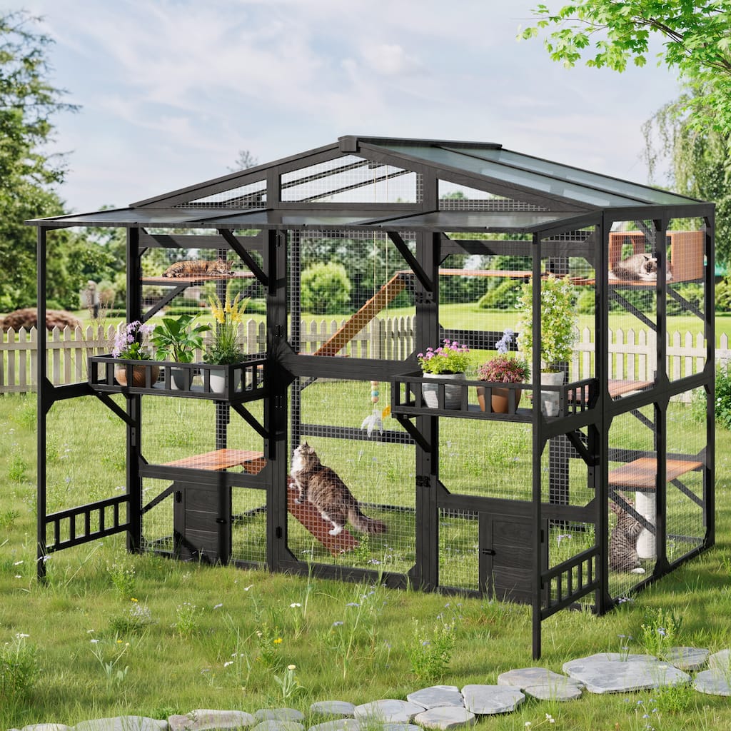 Roomfitters Extra Large Wood Catio Cat Cage Outdoor Kennel with Transparent Sunroof and Dual Storage Shelves
