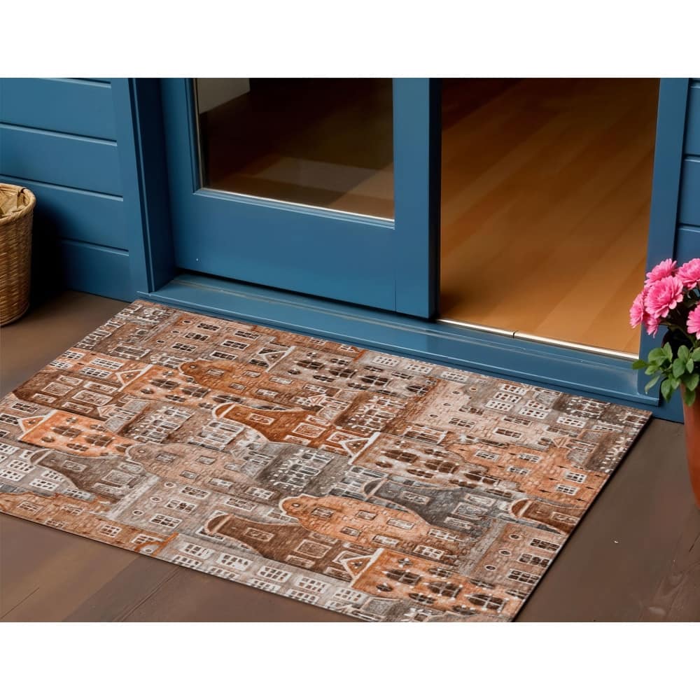 HomeRoots Village Houses Transitional Rectangle Outdoor Rug