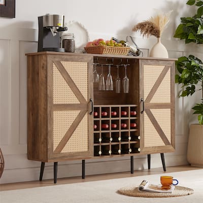 Oak Color Faux Rattan Barn Door Wine Cabinet with Wine Rack and Wine Glass Rack, Double Door Design with Removable Shelves