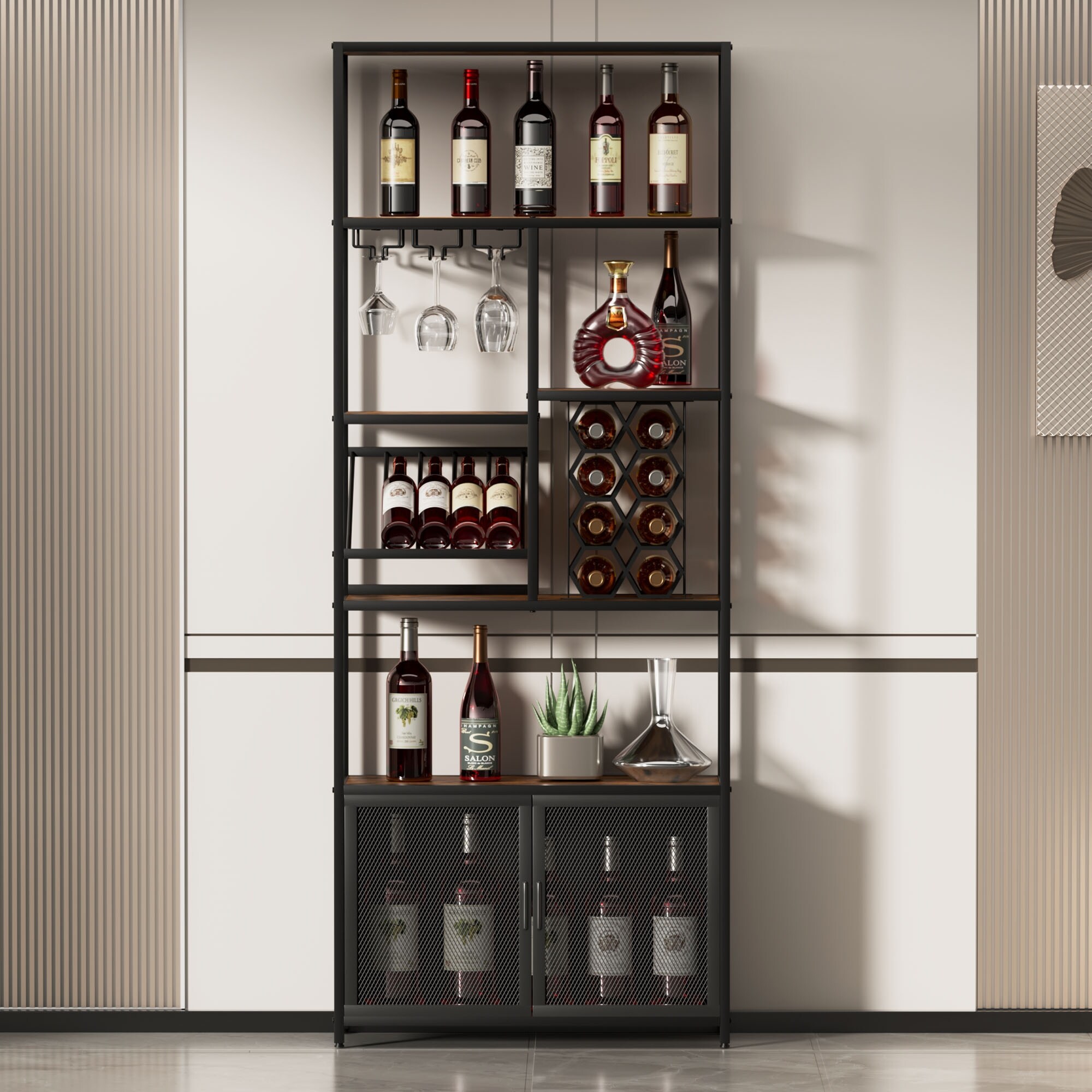 Industrial Style Freestanding Bar Cabinet with Wine and Glass