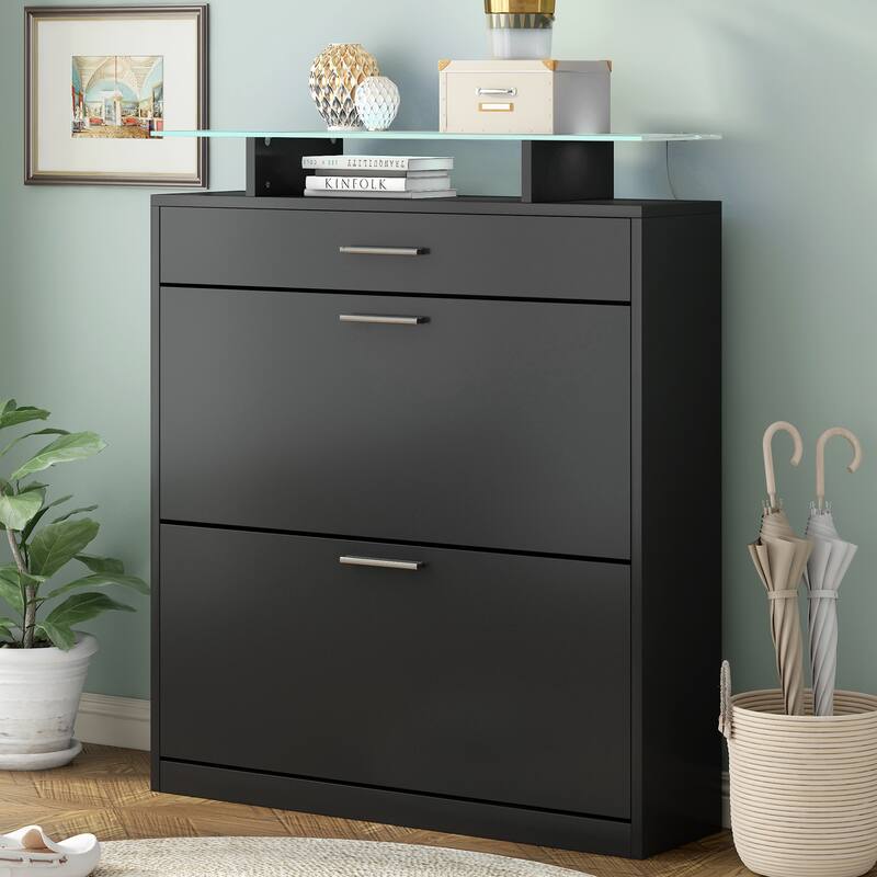 Slim Entryway Organizer with 2 Flip Drawers and LED Light - 9.4"W x 25"H x 35"D