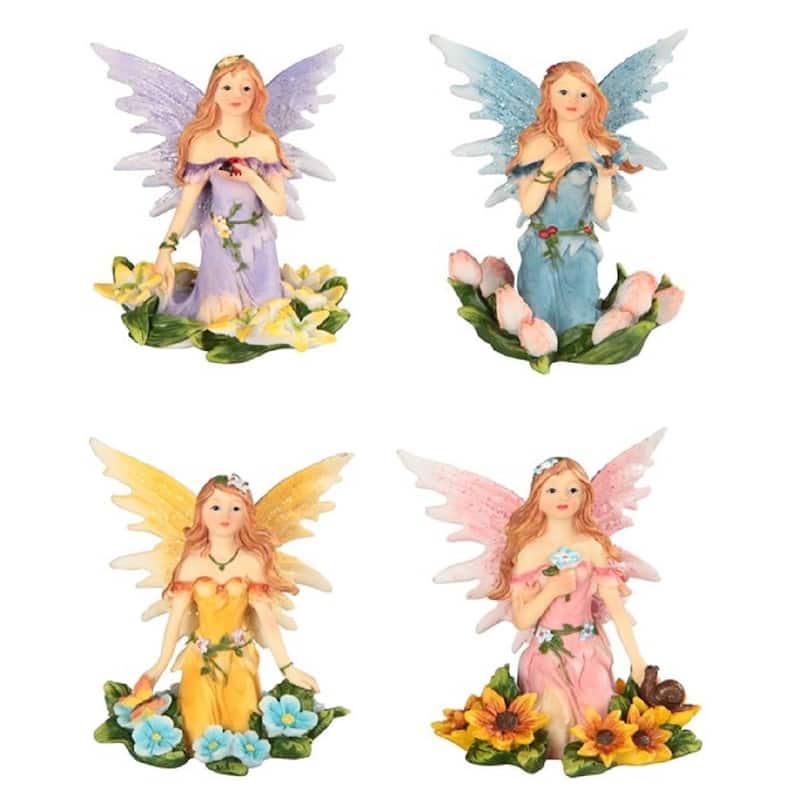 Q-Max 4-Piece Fairy Sitting on Flower Bed 4"H Fantasy Decoration Figurine Set