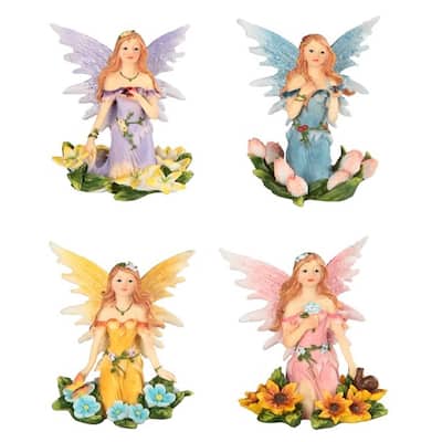 Q-Max 4-Piece Fairy Sitting on Flower Bed 4"H Fantasy Decoration Figurine Set