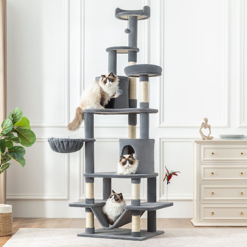 Adeco Cat Tree with Plush Hammock and Dangling Pompom - Grey