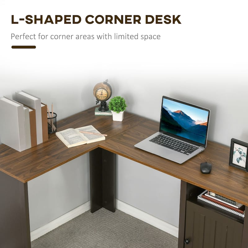HOMCOM L-Shaped Computer Desk with Open Shelf and Storage Cabinet, Corner Writing Desk with Adjustable Shelf
