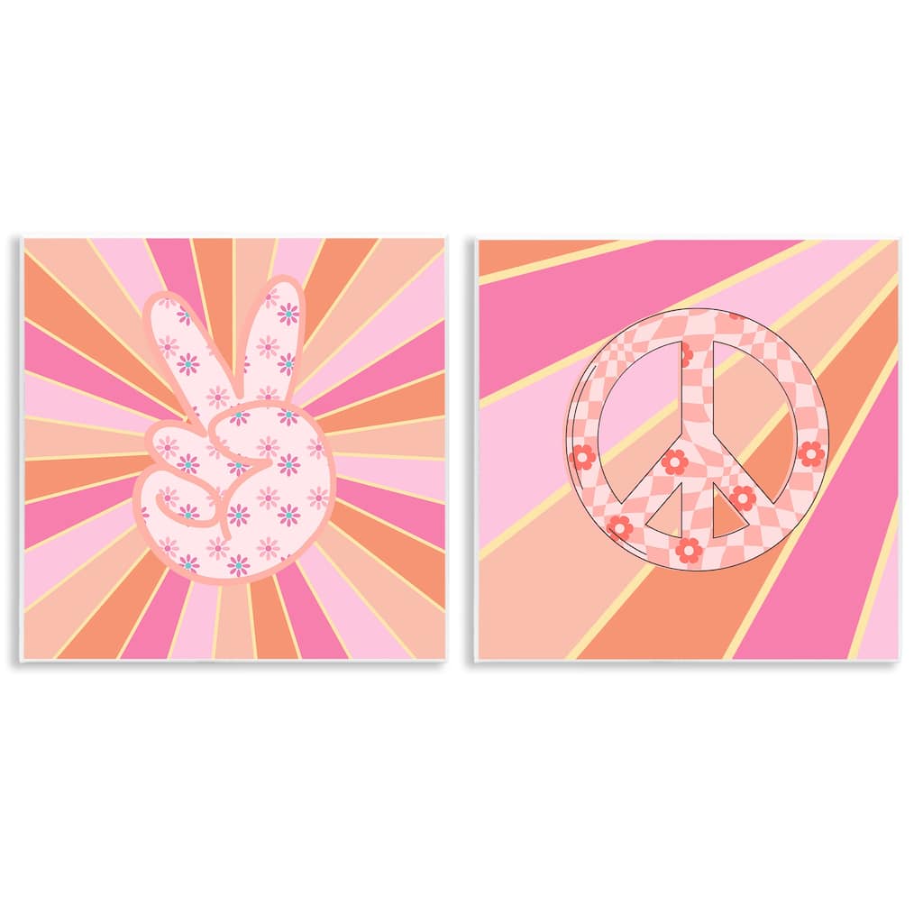 Stupell Groovy Peace Symbols on Stripes Wall Plaque Art Design By Jesse Keith (Set of 2)