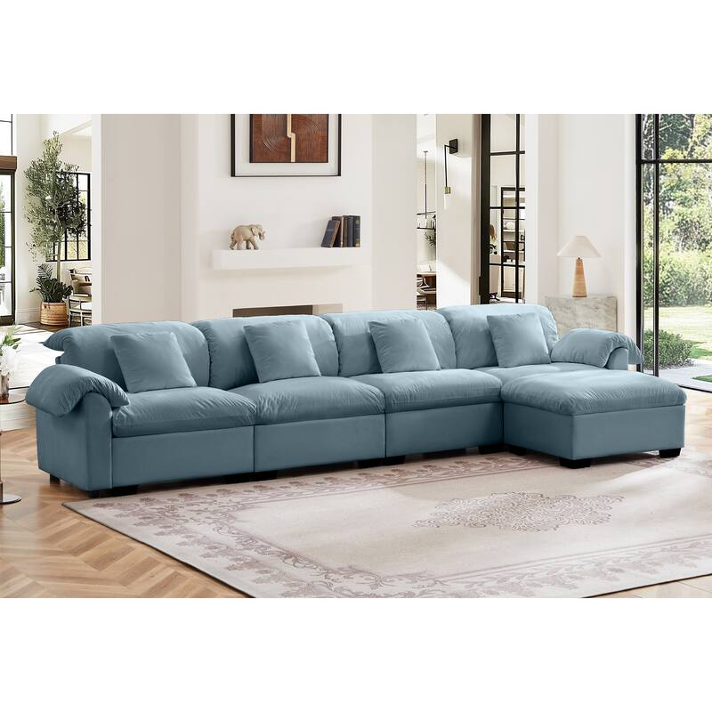 154.7" Velvet L-Shaped Sectional Sofa with Cloud Cushions & Ottoman