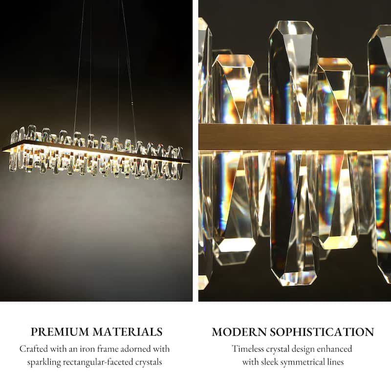 Modern 1-Light LED Crystal Chandelier Gold Rectangle Island Lights for Dining Room - W43.3" x H7.9"