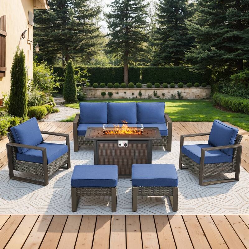 Meyreso Wicker Patio Conversation Set with Metal Fire Pit Table & Olefin Cushions