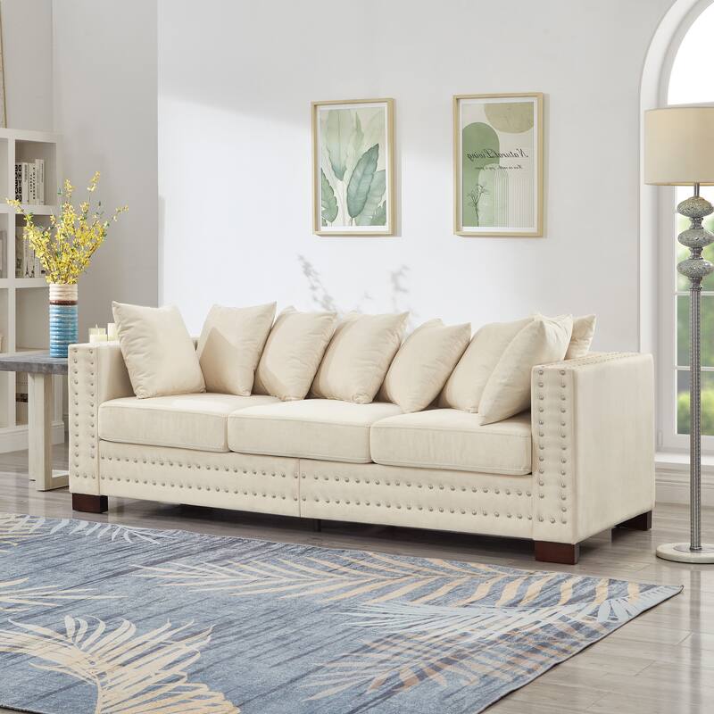 Modern Design Apricot Velvet Sofa with Silver Nails Decoration and Storage