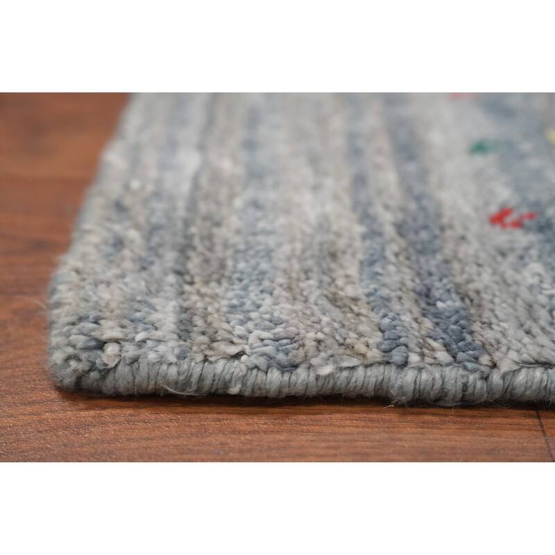 Hand Knotted Oriental Viscose Silk Carpet Tribal Animal Pictorial Greys & Charcoal Gabbeh Runner Rug - 11' 7'' X 2' 6''