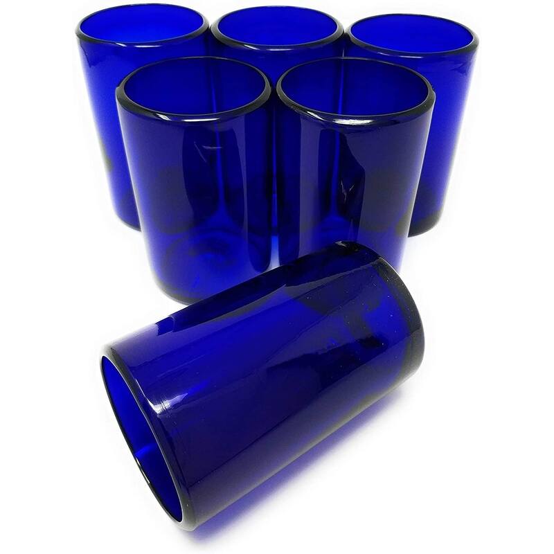 Dos Sueños Hand Blown Mexican Drinking Glasses - Set of 6 Cobalt Water Glasses (14 oz each)