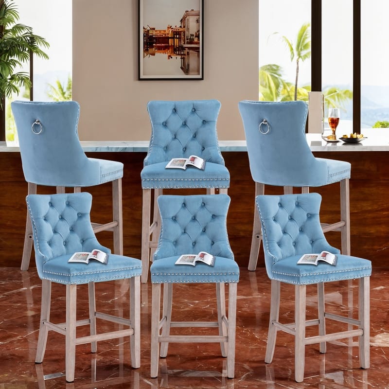 Contemporary Upholstered Velvet Barstools with Button Tufted Set of 6