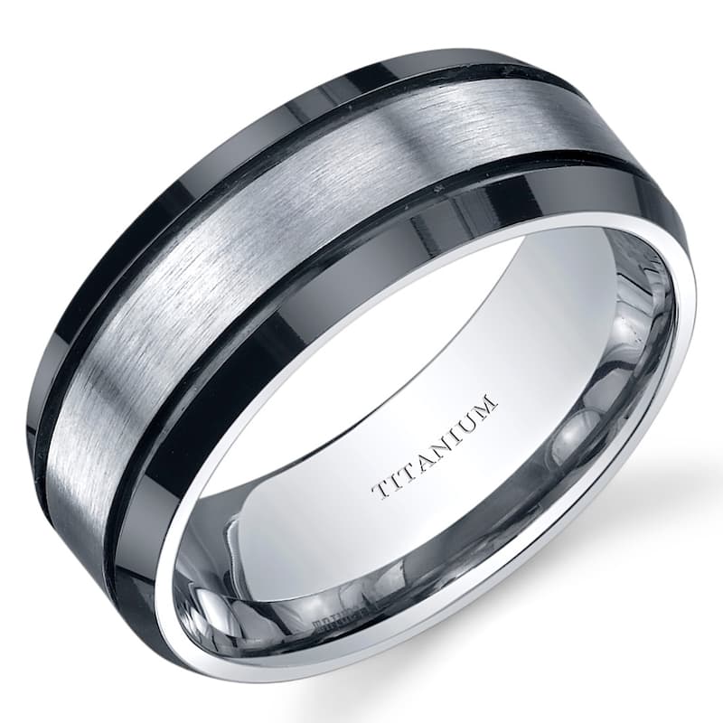 Men's Titanium Wedding Band, Black and Silver, 8mm, Beveled Edge