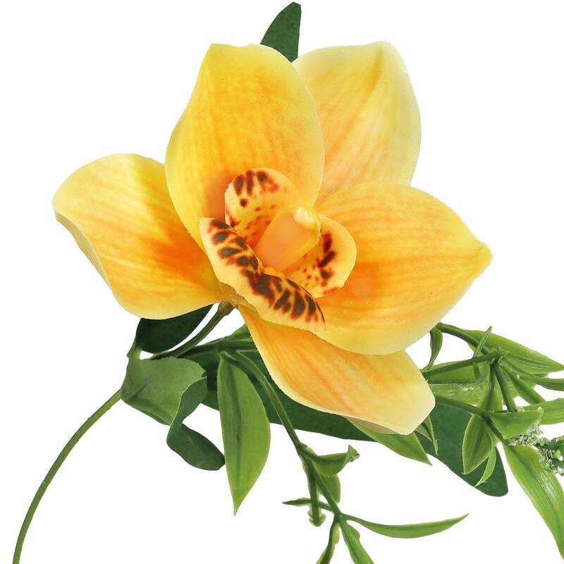 Set of 4 Yellow Artificial Cymbidium Orchid Flower Stem Bush Bouquet 13in - 13" L x 8" W x 8" DP
