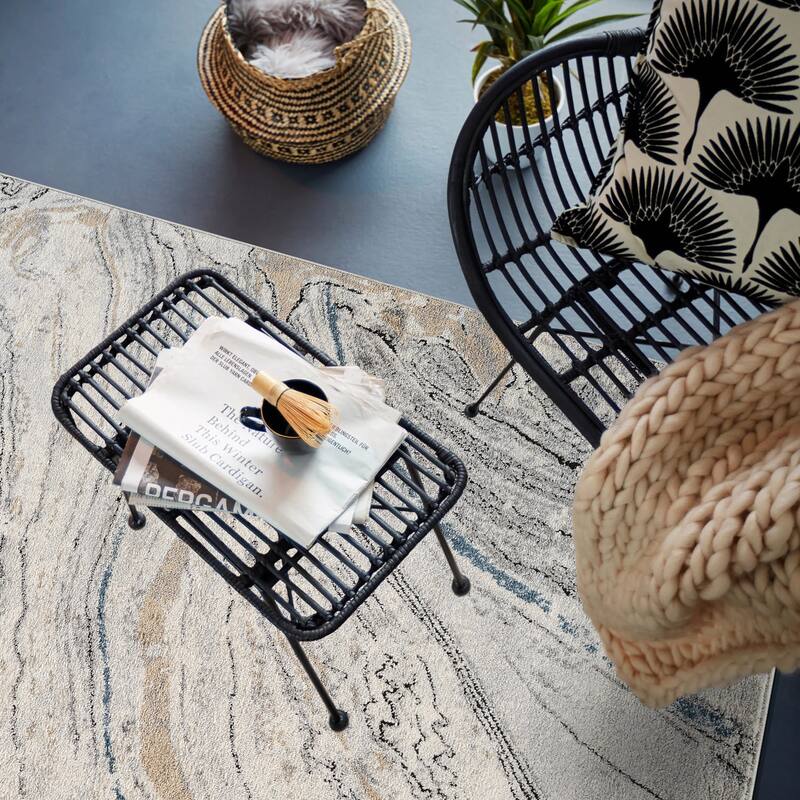 Marble Swirl Distressed Area Rug - Low-Pile Rug for Living Room, Bedroom - Polypropylene/Polyester with Jute Backing