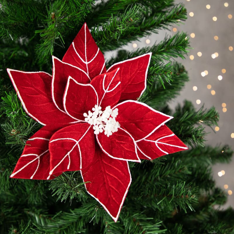 20" Red and White Velvet Glittered Christmas Flower Pick - 20