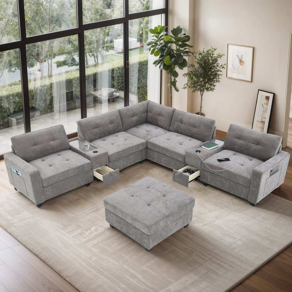 Roomfitters 104 Inch Modular Sectional Sofa with Console and Cup Holders, Upholstered L-Shape Couch for Home Décor