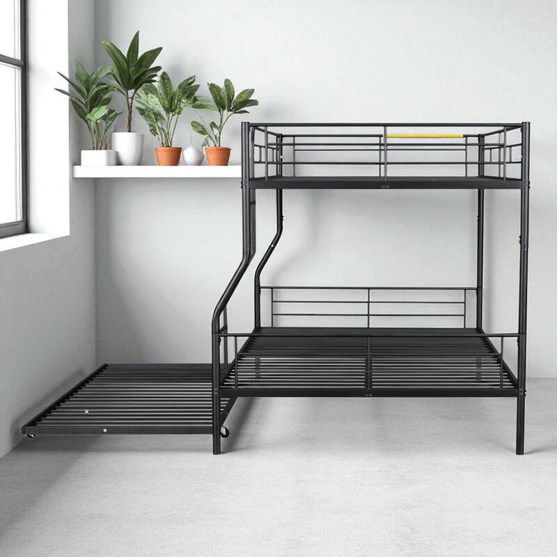 Full Over Full / Full XL Over Queen Metal Bunk Bed with Trundle, Convertible Design and Guardrails