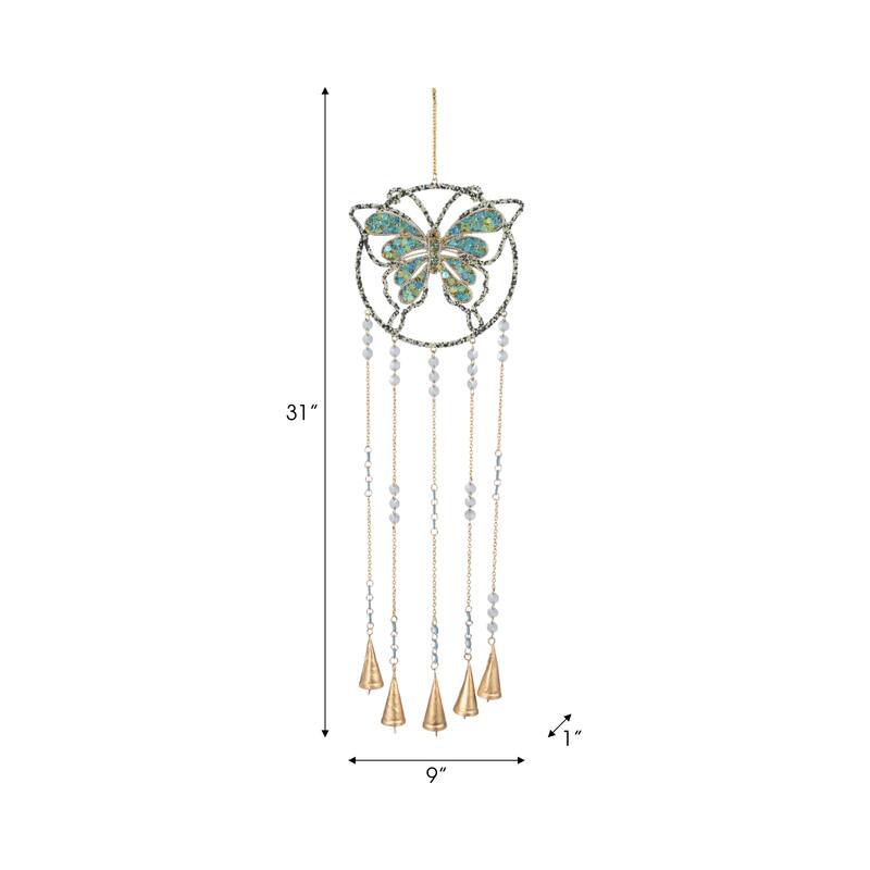 Metal Glass Wind Chime Butterfly Design with Bead Accents - 31" Blue - 9" x 1" x 31"