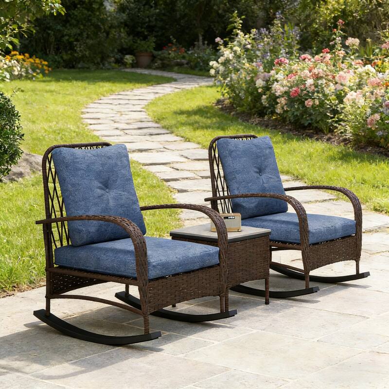 GDFStudio - Outdoor Wicker Rocking Bistro Set with Cushioned Chairs & Table