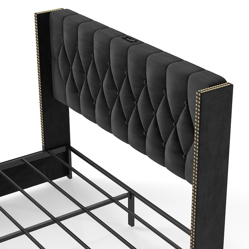Wingback Bed Velvet Upholstered Platform Bed Frame with 2 Storage Drawers and Headboard, Charging Station, Noise-Free, Black