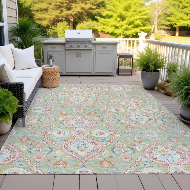 Machine Washable Indoor/Outdoor Traditional Spades Chantille Rug - Aloe - 3' x 5'