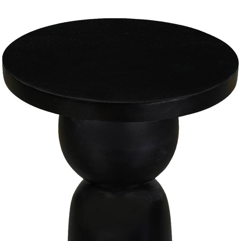 Tia 12 Inch Round Side End Table with Turned Pedestal Base, Mango Wood in Matte Black Finish