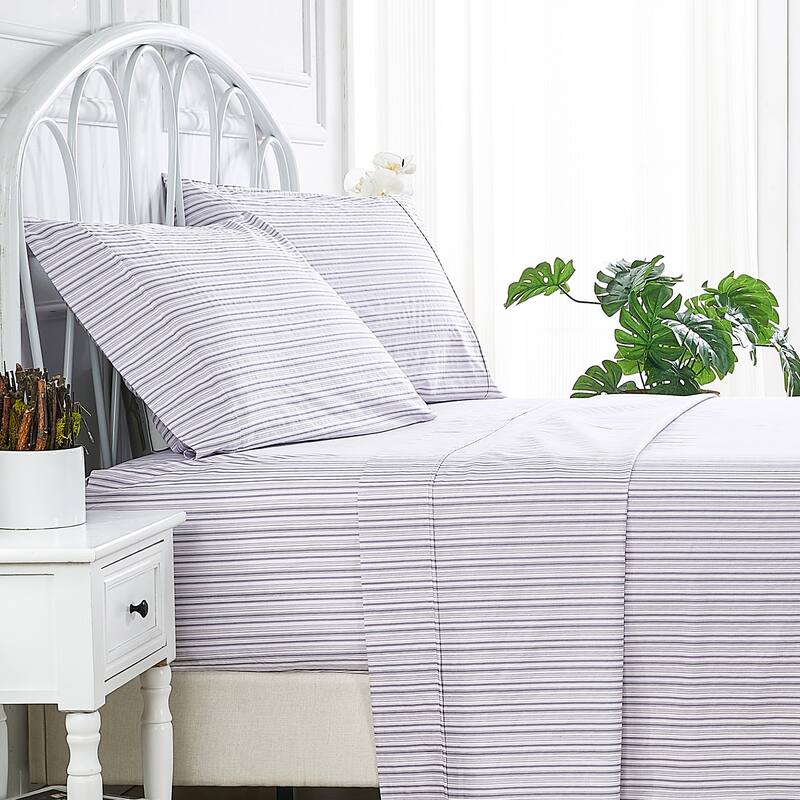 Printed Prewashed Cotton Blue Collection (Individual Set Sell Separately) - Purple Stripe Sheet Set - Queen - 4 Piece