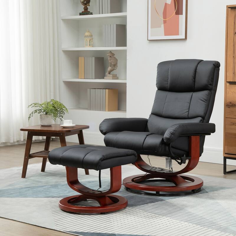 Black Modern 28.8" High Back Swivel Recliner Chair with Ottoman