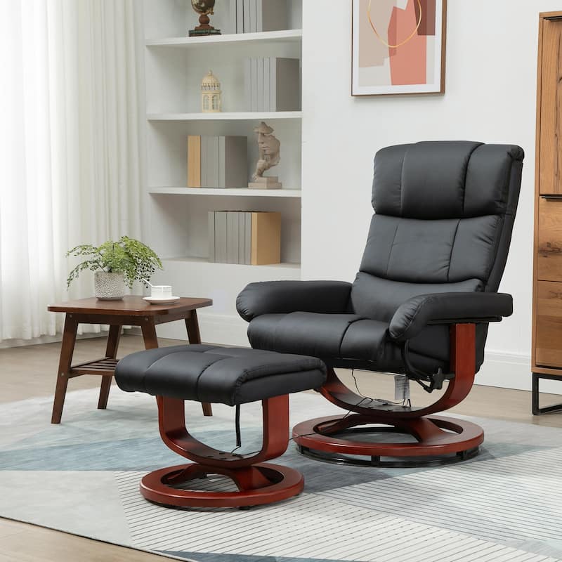 Black Modern 28.8" High Back Upholstered 360° Swivel Recliner Chair with Ottoman and Remote Control