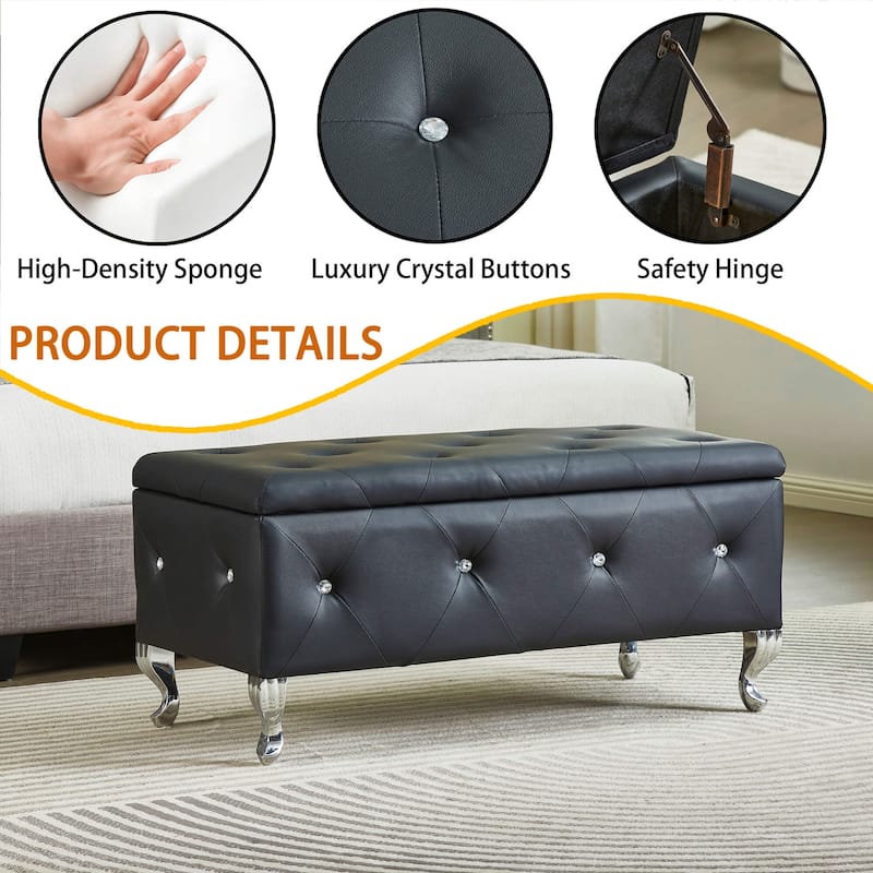 Upholstered Rectangular Storage Ottoman Bench with Crystal Buttons