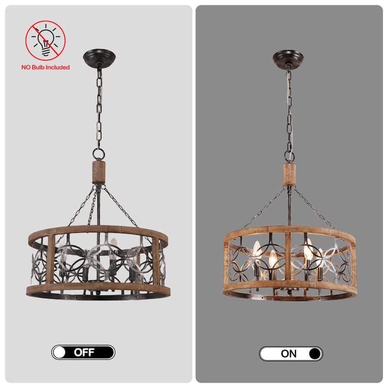 Cusp Barn 4-Light Rustic Wood Chandelier Shabby Hanging Lamp Farmhouse Drum Pendant Light Fixtures for Entryway