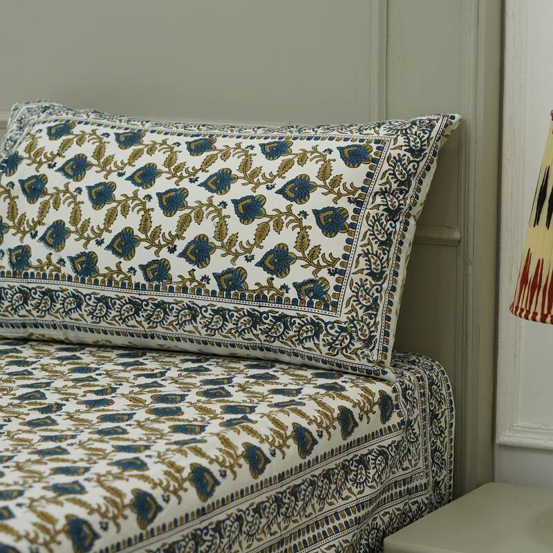 Fabdivine Handmade Block Print Flat Sheet or Bed Sheet Cotton Fabric Floral Home Decor - Madhubala- Dark Blue, Mustard - California King