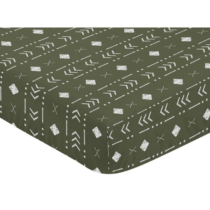 Hunter Green Boho Tribal Mudcloth Collection Boy Fitted Crib Sheet - White Woodland Bohemian Southwest Geometric Arrow Aztec