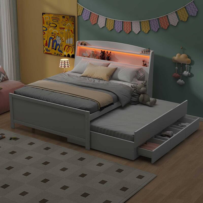Twin and Full Size Platform Bed Frame with LED Headboard, Trundle and 3 Storage Drawers, Space Saving Design for Bedroom