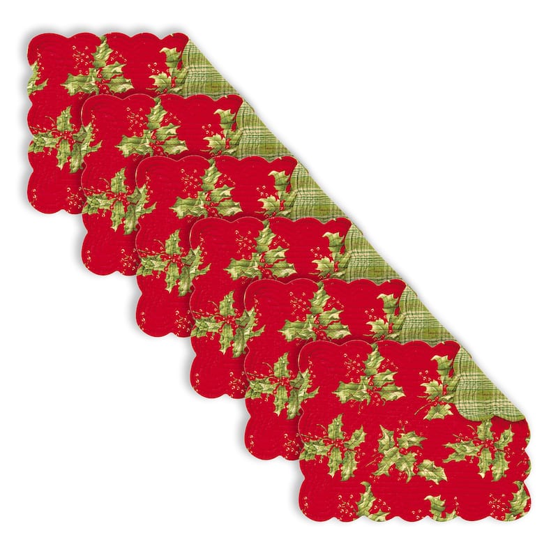 Holly Red Cotton Quilted Rectangular Reversible Placemat Set of 6