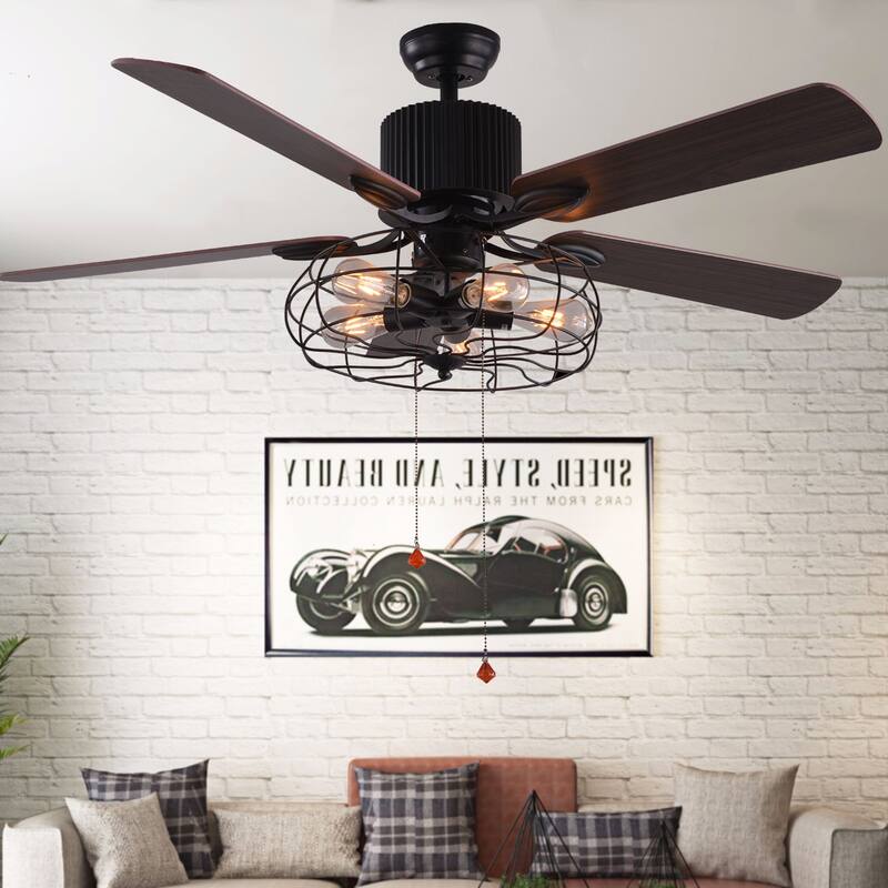 52" Industrial Ceiling Fan with Remote and Light Kit, 3-Speed Reversible Metal Caged Ceiling Fan - 52 inches