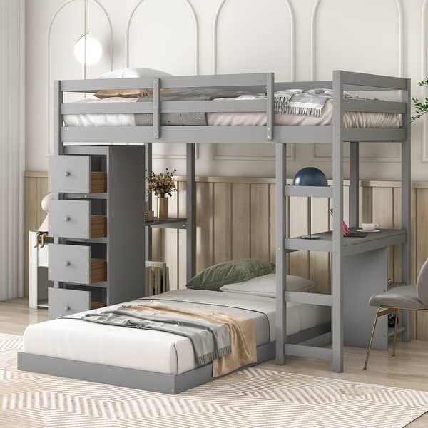 slide 2 of 8, Twin over Twin Bed with Drawers and Shelves,Clean-lined Guard Rails, and a Built-in Ladder. Grey