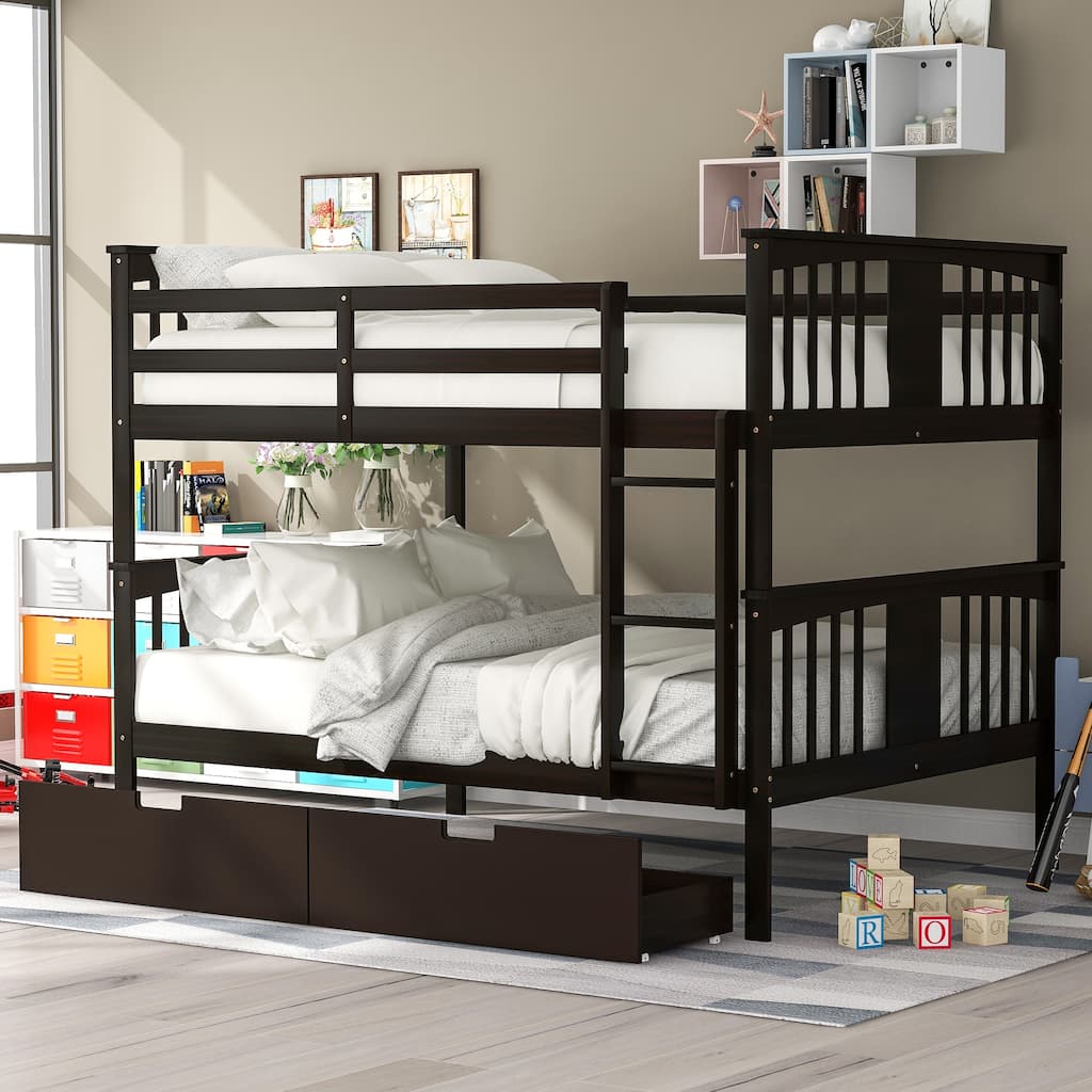 Full Over Full Bunk Bed with Drawers and Ladder, Space-Saving Bedroom Furniture in Espresso