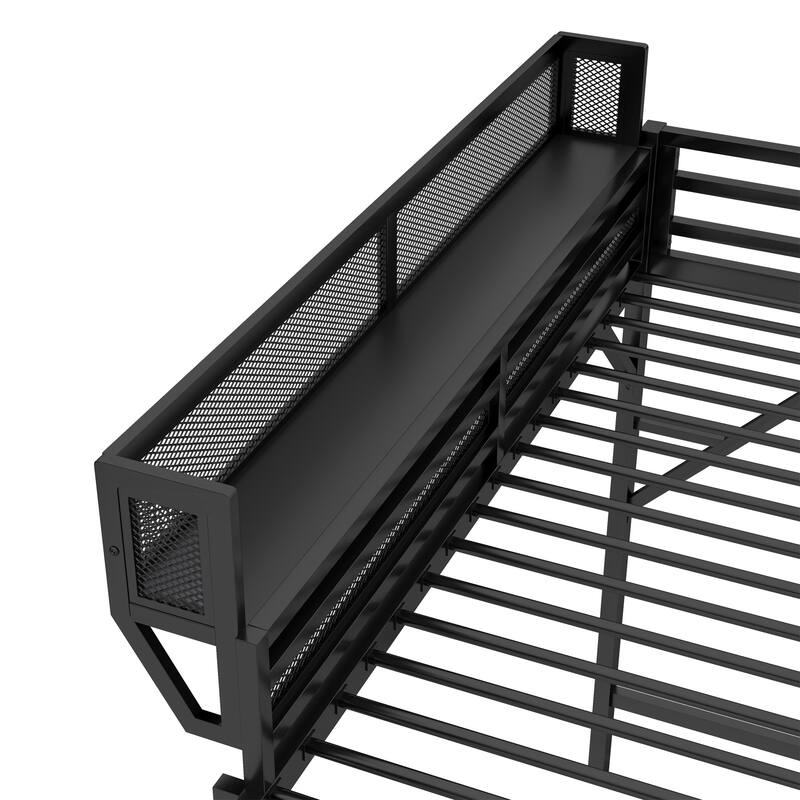 Heavy Duty Metal Loft Bed Frame with Guardrails and Storage Shelves