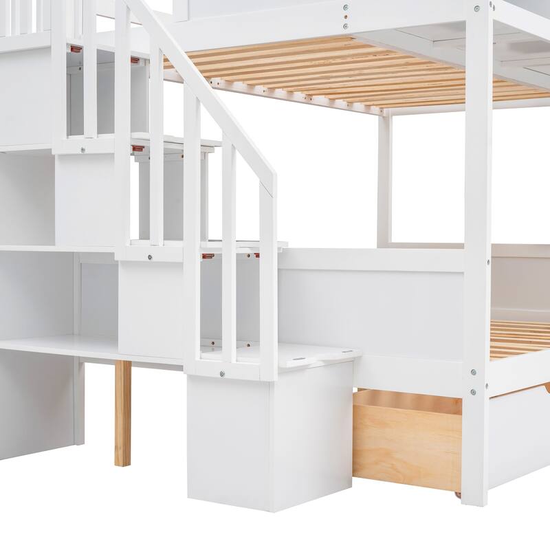Twin over Full Bunk Bed with Shelves, Storage Staircase and 2 Drawers, White