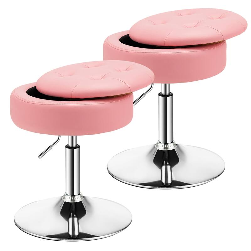 Set of 2 Adjustable Vanity Stool Swivel Storage Makeup Chair with Tray - Pink