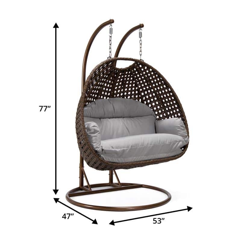 LeisureMod Mendoza Dark Brown 2 Seater Wicker Patio Hanging Double Swing Chair for Patio Porch Backyard Garden - 53"