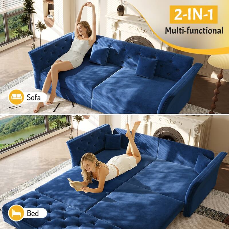 74.4" Queen Pull Out Sofa Bed with Tufted Velvet Fabric - Convertible Sleeper for Living Room, Apartment
